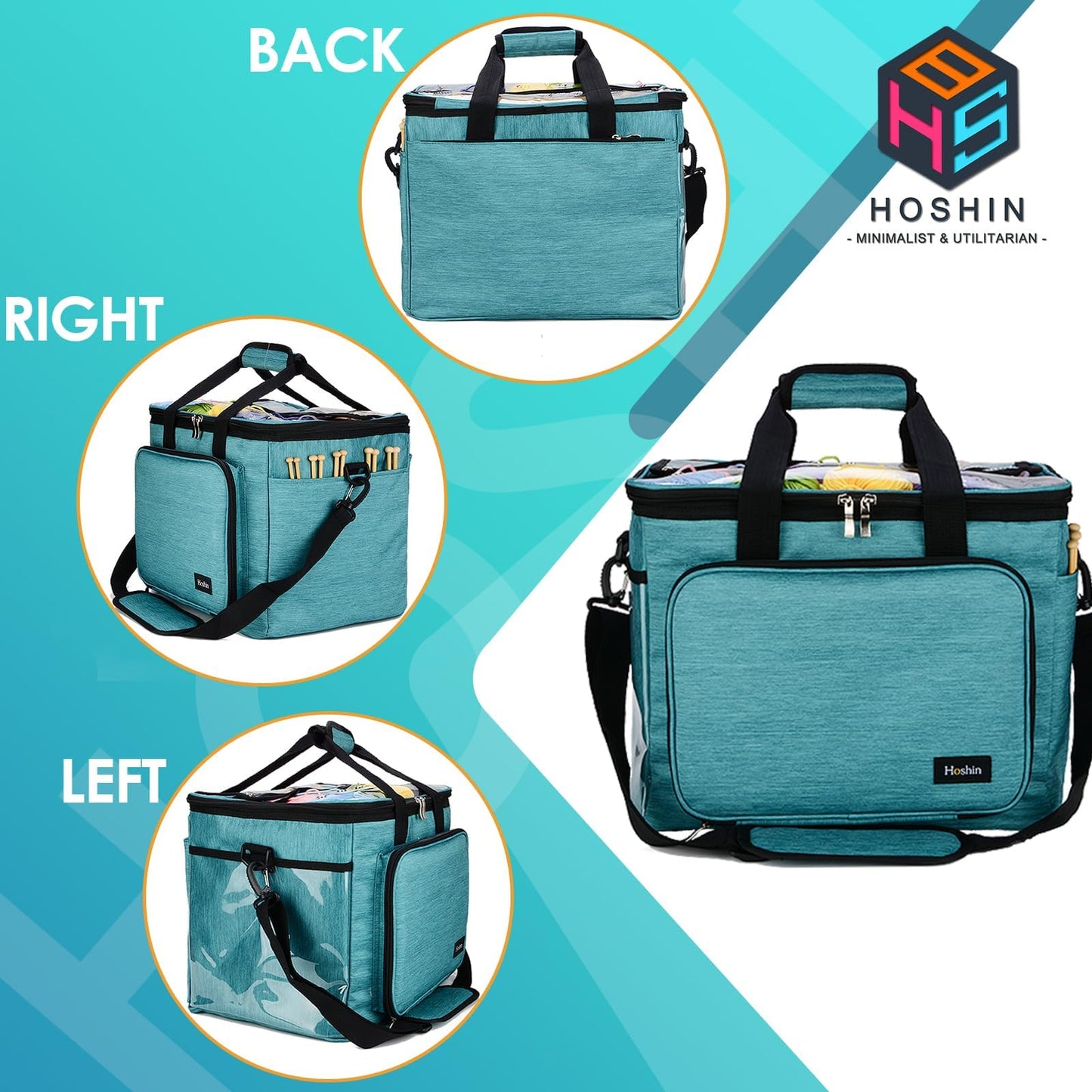 Hoshin Knitting Bag for Yarn Storage, High Capacity Yarn Totes Organizer with Inner Divider Portable for Carrying Project, Knitting Needles(up to 14”), Crochet Hooks, Skeins of Yarn (Green)