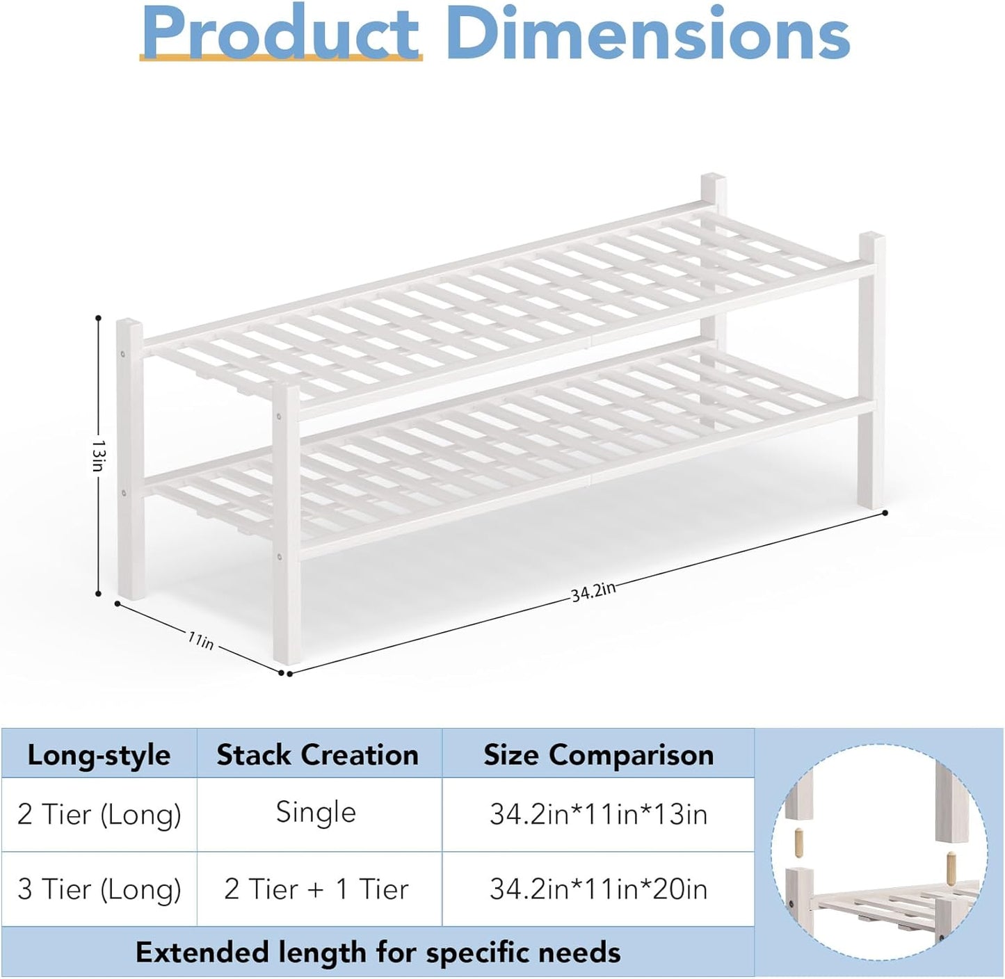 2 Closet,Hallway,Entryway,Small 34.2"x11"x13" Haddockway Long Tier Bamboo Shoe Rack Storage Organizer, Multifunctional