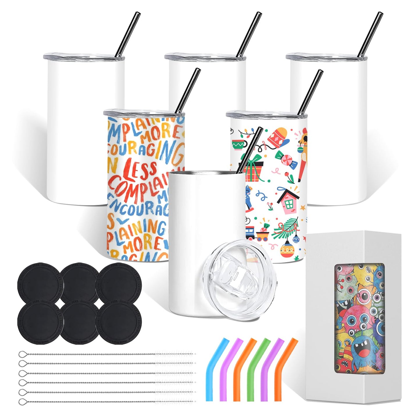 BetterSub 6 Pcs 15 oz Double Wall Insulated Stainless Steel Sublimation Blanks Tumblers White with Lid, Metal Straw, Brush, Display Box for Home, Travel