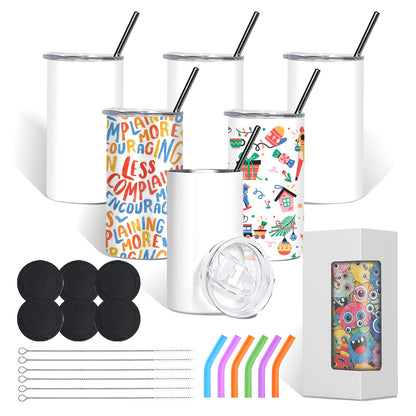 BetterSub 6 Pcs 15 oz Double Wall Insulated Stainless Steel Sublimation Blanks Tumblers White with Lid, Metal Straw, Brush, Display Box for Home, Travel