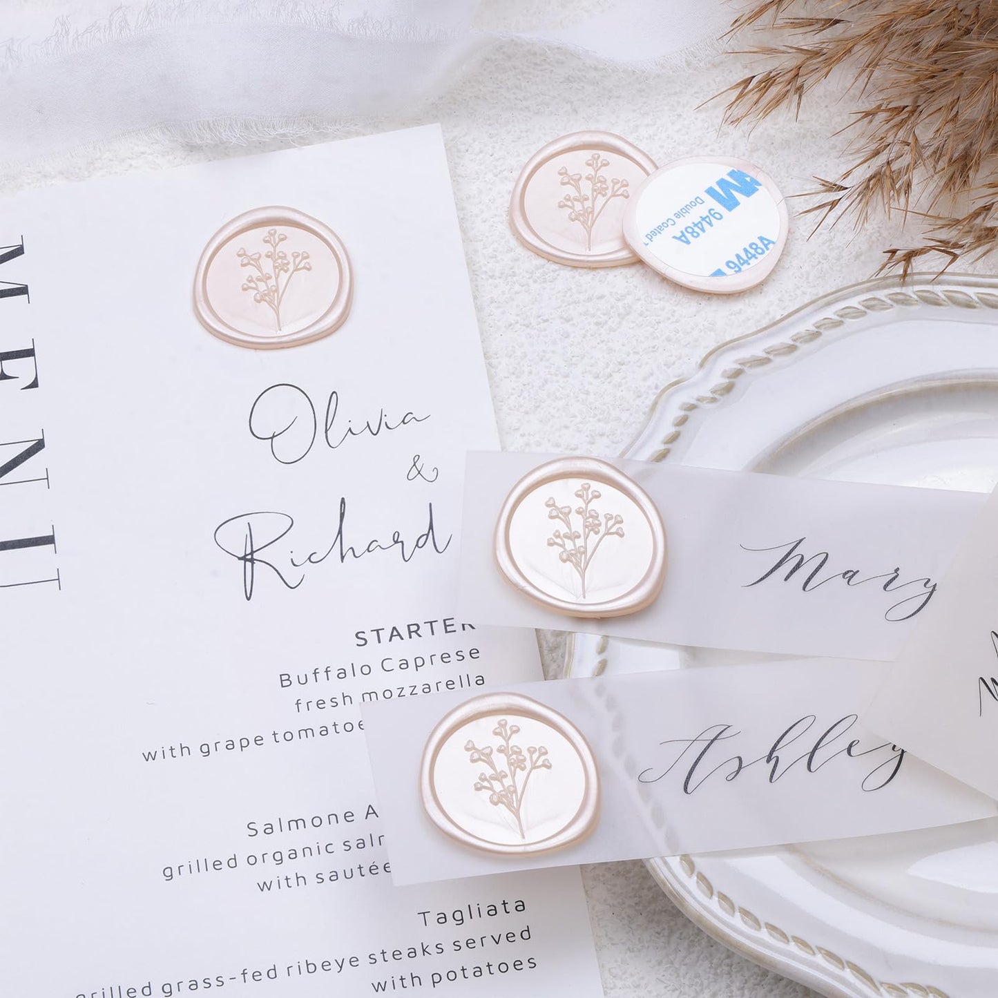 UNIQOOO Wax Seal Stickers - Baby‘s Breath Wedding Invitation Envelope Seal Sticker, Botanical 50 Pcs Self- Adhesive Champagne Stickers, Perfect for Invitation, Gift Wrapping, Crafts (Champagne)