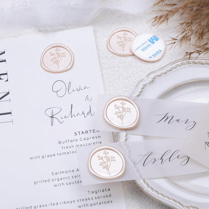 UNIQOOO Wax Seal Stickers - Baby‘s Breath Wedding Invitation Envelope Seal Sticker, Botanical 50 Pcs Self- Adhesive Champagne Stickers, Perfect for Invitation, Gift Wrapping, Crafts (Champagne)
