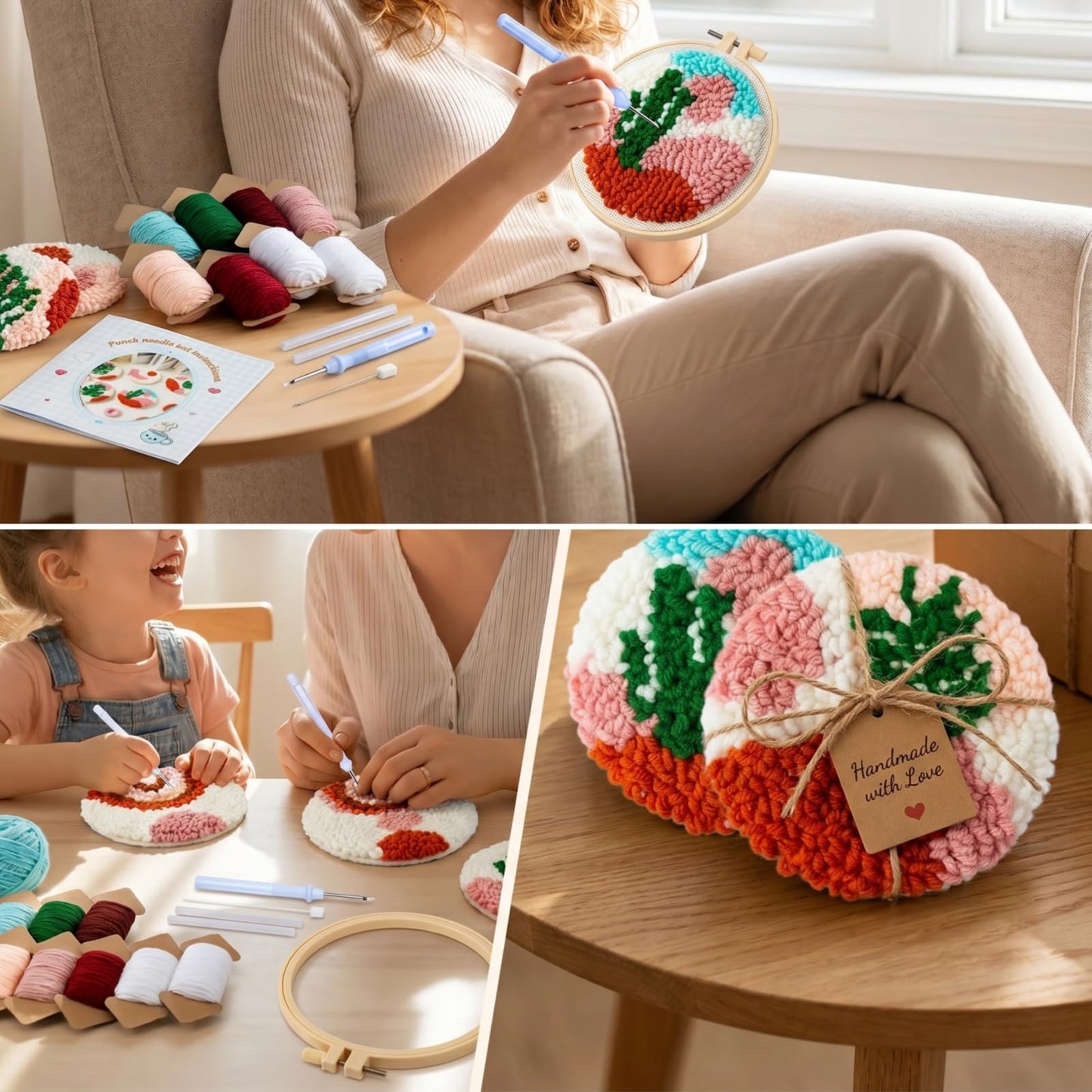 Avtytsda 6PCS Punch Needle Coaster Kit,Easy Punch Needle DIY Embroidery Set with Tools, Yarns, Hoop, Instructions Easy for Beginners, Kids, Adults, Handmade Gift and Decoration (Pink)