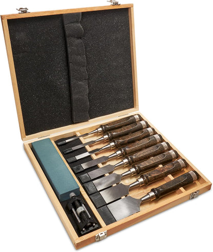 SELFIE CAT 8 Piece Wood Chisel Set for Woodworking Tools Wood Carving Tools with Wooden Case and Sharpening Stones Wood Carving Kit for Beginners and Professionals Black Walnut