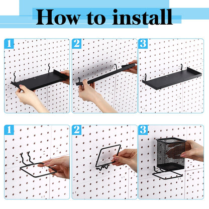 Tosstuki 12 Pack Pegboard Organizer Accessories - 6 Pegboard Cups Pencil Holder Peg Board - 6 Shelves Metal Shelf Brackets - Tools Storage Arrange System Kit for Office Garage Room