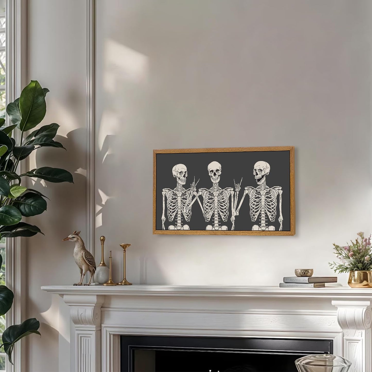Aroutde Framed Gothic Skull Skeleton Canvas Wall Decor Funny Skull Victory Hippie Posing Print Hallpween Wall Art Small Spooky Painting Artwork for Home Bedroom Living Room Decorations 18''x10''