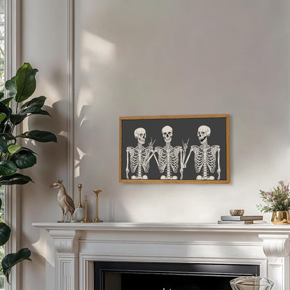 Aroutde Framed Gothic Skull Skeleton Canvas Wall Decor Funny Skull Victory Hippie Posing Print Hallpween Wall Art Small Spooky Painting Artwork for Home Bedroom Living Room Decorations 18''x10''