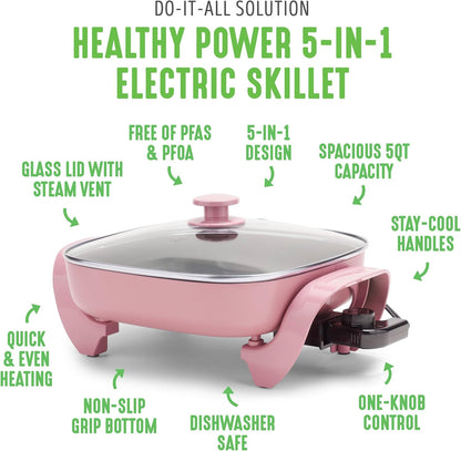 GreenLife 12" 5QT Square Electric Skillet – Glass Vented Lid, Ceramic PFAS-Free Nonstick, Adjustable Temperature