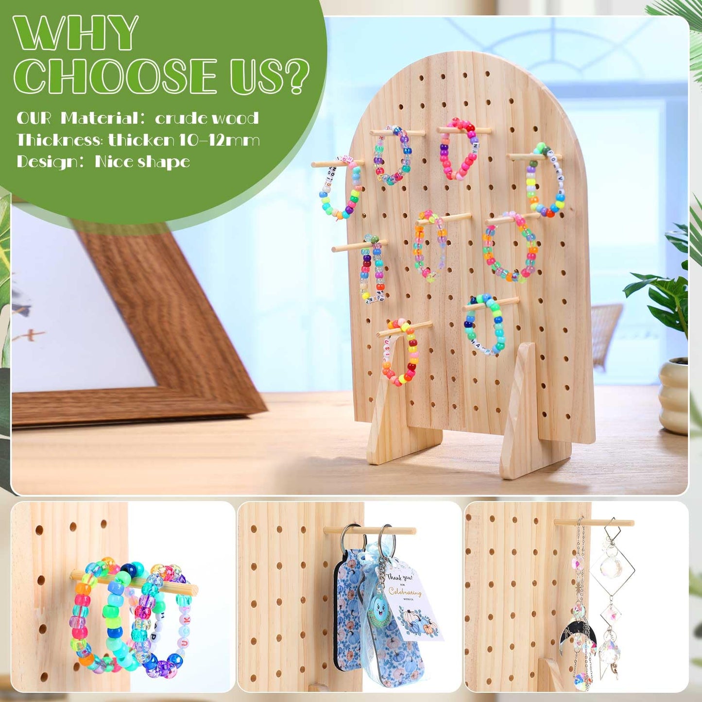 Colingmill 4 Sets Keychain Display Stand Wooden Pegboard Display Stand with 25 Pcs Dowel Rods Oval Bracelet Organizer Holder for Jewelry, Craft Shows, Necklace, Selling, 15.75" x 11.81" (Wood)