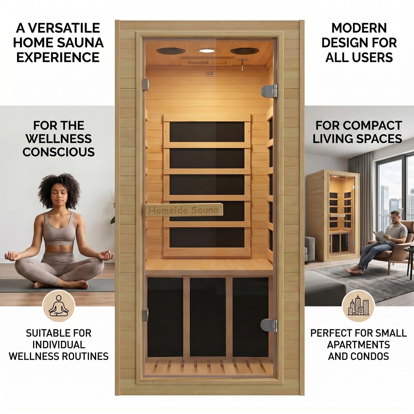 1-Person Home Sauna, 32.3IN x 27.2IN x 59IN Mini Canadian Hemlock Wood Far Infrared Sauna with 5 Low-EMF Carbon Heaters (60-140°F), 110V/900W, Bluetooth Speaker, Quick 30-Min Setup, Fits Any Room
