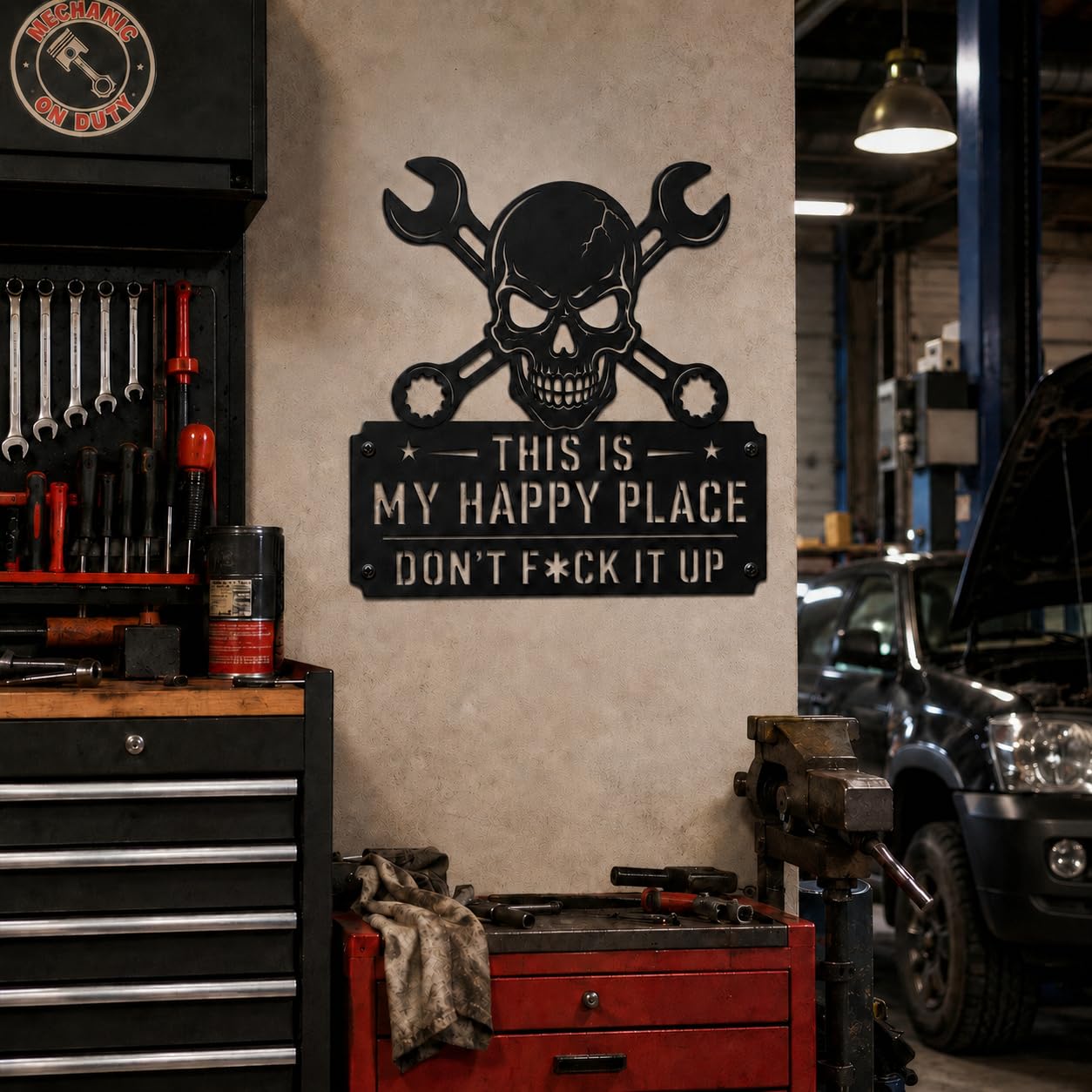 YXESO This Is My Happy Place Sign, 12 in Funny Black Metal Garage Metal Wall Art Sign with Skull & Wrench Design for Man Cave, Workshop, Tool Shed, Home Bar, Mechanic Dad Decor