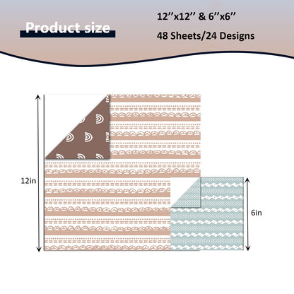 Boho Scrapbook Paper, 48 Sheets 12 Design Decorative Craft Paper, Double-Sided Printing Patterned paper for DIY Origami Photo Album Decor Scrapbooking12x12in(Double-Sided)& 6x6in(Single-Sided)