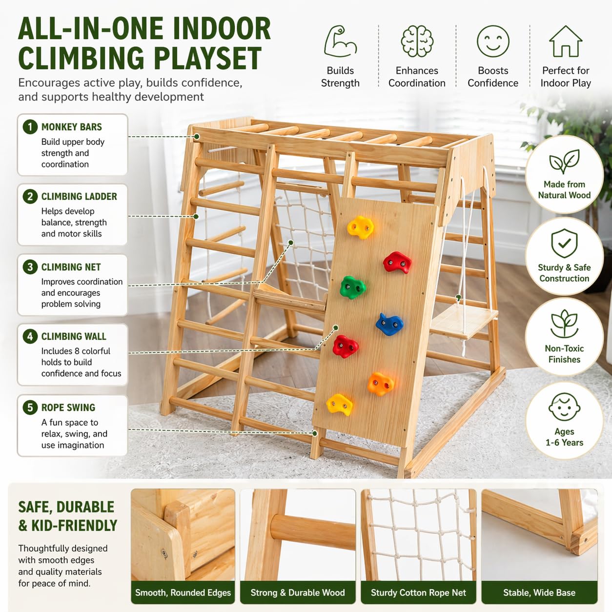 Avenlur Premium Wooden Indoor Climbing Gym for Kids – Montessori Playset with Climbing Wall, Ladder, Rope Net & Swing – Solid Natural Wood Toddler Playground, Ages 1–6