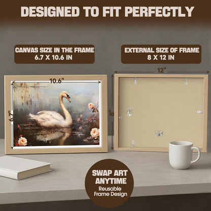 TABINDEX Vintage Framed Wall Art - Rustic Swan Canvas Print for Bedroom & Living Room | 8x12 Inches