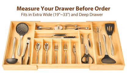 Umilife Bamboo Kitchen Drawer Organizer, 13 Inch Silverware Utensil Tray Holder, Extra Deep Grooved Drawer Divider, 7 Slots Total Bamboo Wood Caddy for Flatware Cutlery Knives, Forks, Spoons