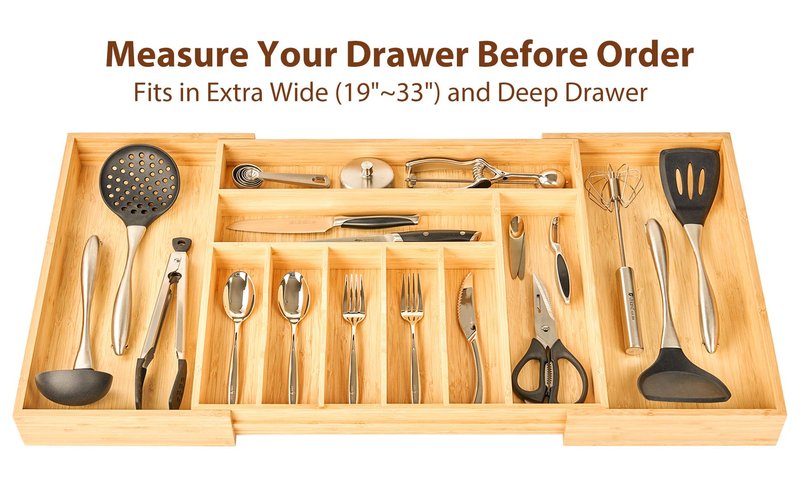Umilife Extra Large Expandable Kitchen Siverware Utensils Drawer Organizer, 19" Deep for Big Drawer, Adjustable Bamboo Wood Drawer Divider with Curved Grooves, Cutlery Tray Flatware Holder