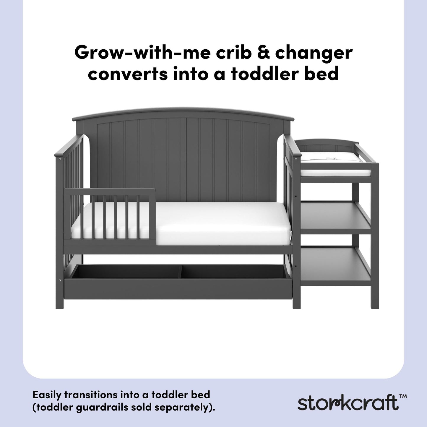 Storkcraft Steveston 5-in-1 Convertible Crib & Changer – GREENGUARD Gold Certified, Fits Standard Crib Mattress, Converts to Toddler Bed and Full Bed, 4 Adjustable Mattress Heights (Gray)