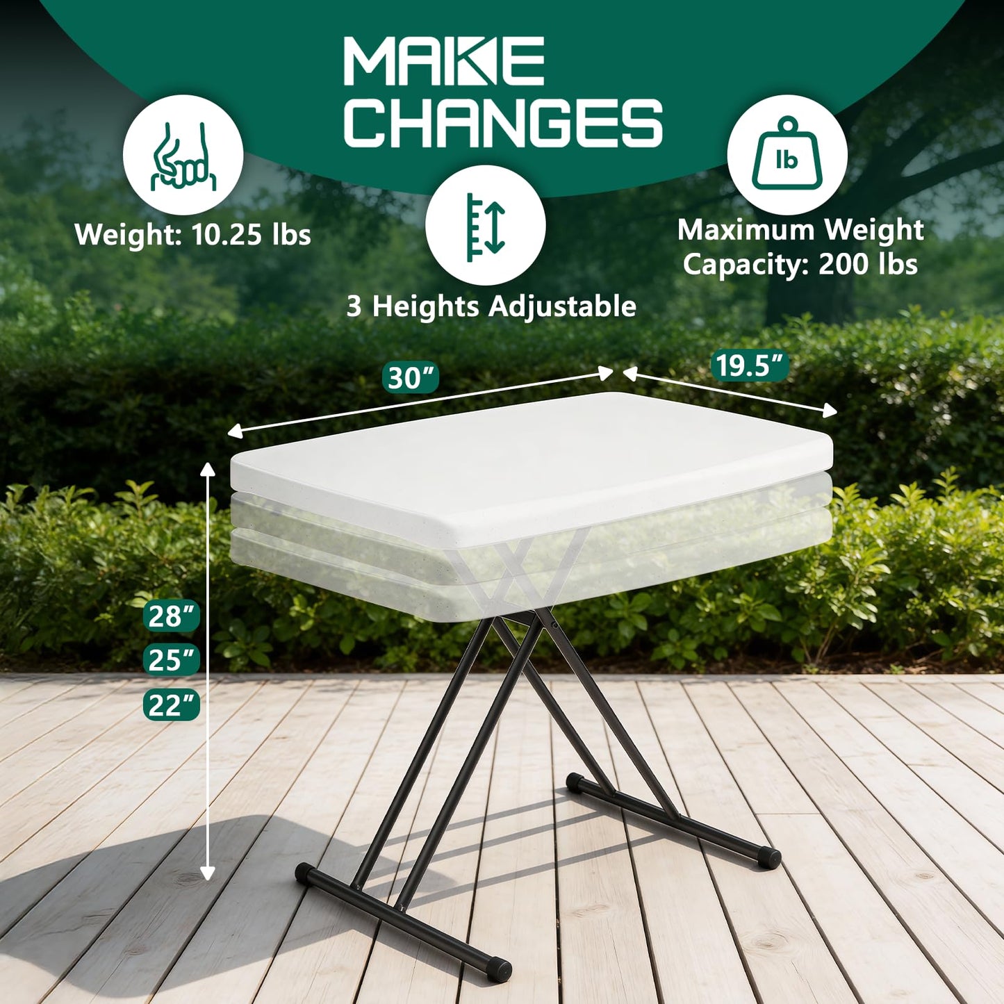 MAKE CHANGES Folding Table 30 Inch - Small Desk Adjustable Height TV Tray for Laptop, Couch, Camping - Heavy Duty Utility Foldable Table for Small Spaces, No Assembly Required, White Granite