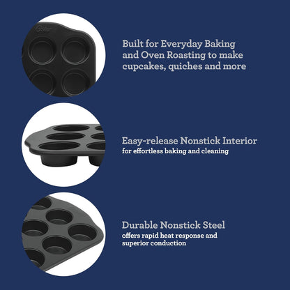 Oster Teston 12-Cup Muffin Pan - Nonstick Carbon Steel Bakeware | PFAS-Free, Easy Release, Matte Black