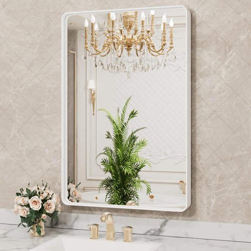 LOAAO Bathroom Mirror - 28x36 Inch White Metal Framed | Large Rounded Rectangle, Anti-Rust, Versatile Hanging