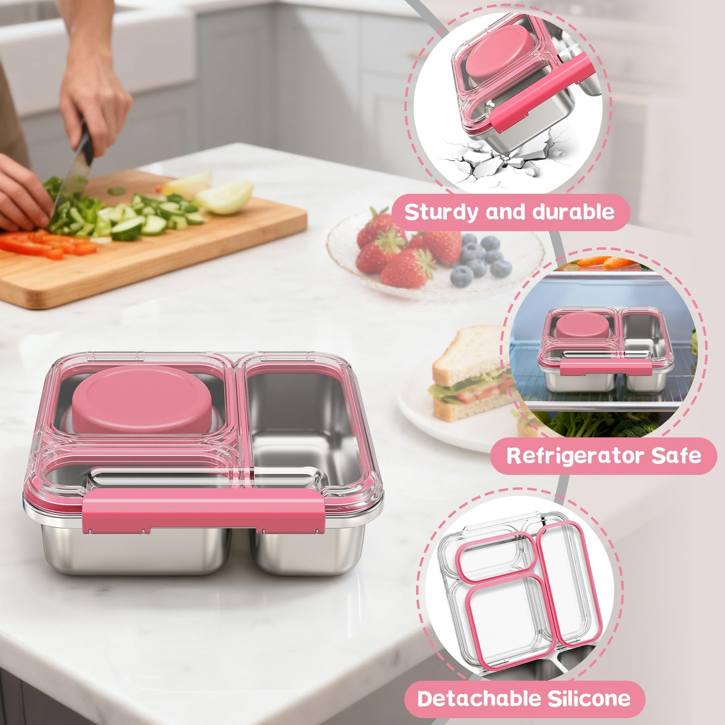 Pawtong Stainless Steel Bento Box Kids Adult with 7oz Insulated Food Jar, Transparent Lid Metal Lunch Box With Soup Thermal Jar, Lunch Box Container with Removable Divider & Sauce Cup School (Pink)