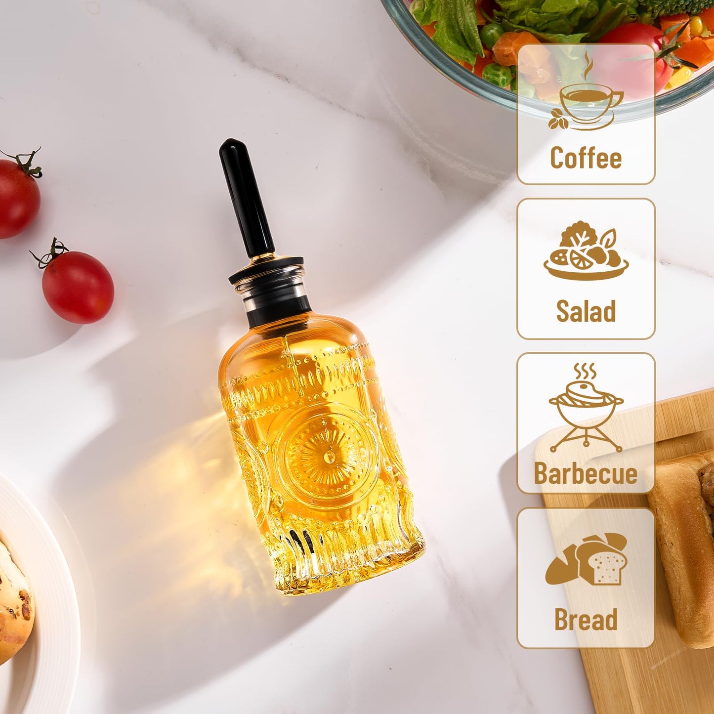 Baalaka Glass Oil Bottles 7OZ, Olive Oil Dispenser Bottle for Kitchen with Metal Spout, Elegant Glass Cooking Dispenser for Kitchen