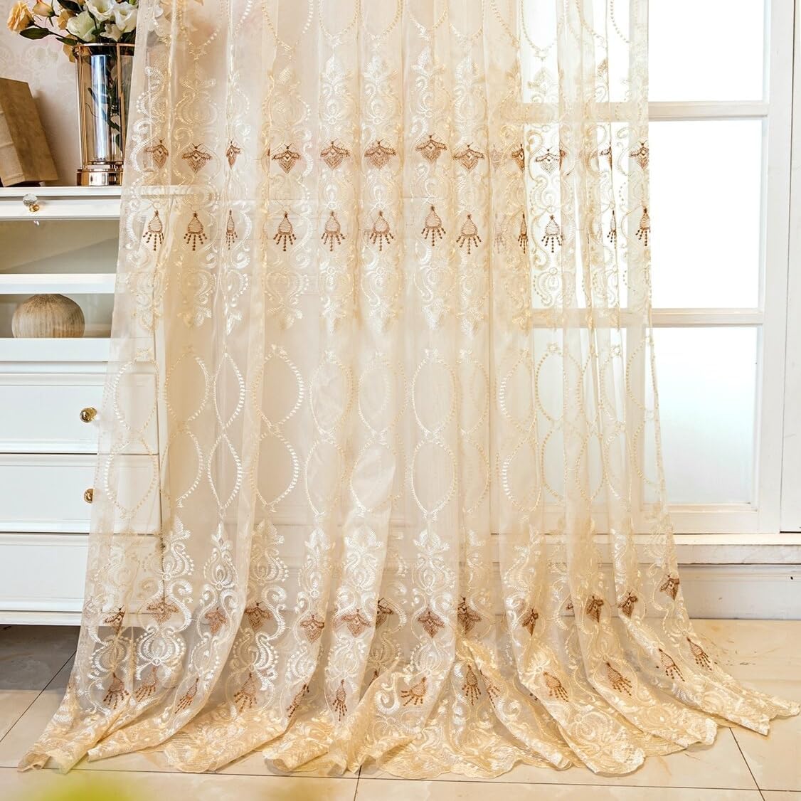 WINYY European Style Sheer Curtain, 1 Panel Voile Rod Pocket Top Window Drape for Bedroom Living Room, 52"x84"