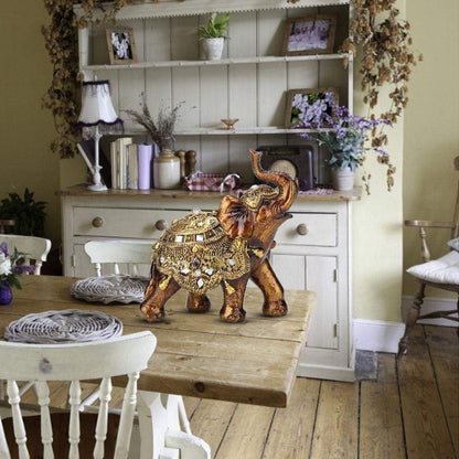 Golden Elephant Statue - Resin & Wood Grain Collectible Figurine, Feng Shui Lucky Sculpture for Home TV Cabinet