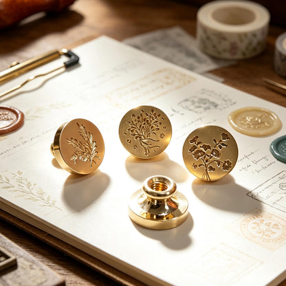 DBEFTLI 4-Piece Botanical Wax Seal Stamp Set – Interchangeable Solid Brass Heads & Wooden Handle – Vintage Floral Collection (Eustoma, Rosemary, Daisy, Tied Bouquet) in Gift Box for Weddings & DIY