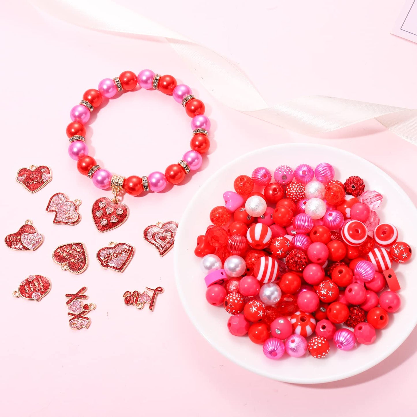 2500PCS+ Valentine’s Day Beads for Jewelry Making, Pink Red Polymer Clay Beads, Assorted Pearl Crystal Heart Bead Letter Spacer Bead and Sweet Heart Charms for Bracelet Necklace Making DIY Crafts