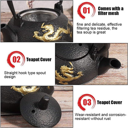 Japanese Tetsubin Cast Iron Tea Kettle - Stovetop Teapot with Gold Dragon Pattern, 0.3L