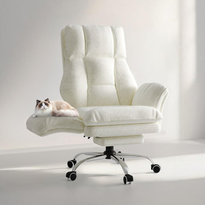 Big and Tall Office Chair, Flip Armrests for Pets & Cross Legged Sitting, Executive Ergonomic Computer Gaming Chair with Foot Rest, Teddy Fleece Wide Seat Reclining Desk Chair, White Vanity Chair