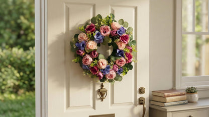 Svndlyn 22 Inch Lighted Floral Wreath with Timer for Front Door Decor