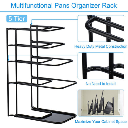 Toplife Heavy Duty Pan Organizer, 5 Tier Pot and Pan Organizer Rack for Cast Iron Skillets, Griddles and Pots - Sturdy Steel Construction- No Assembly Required - Black