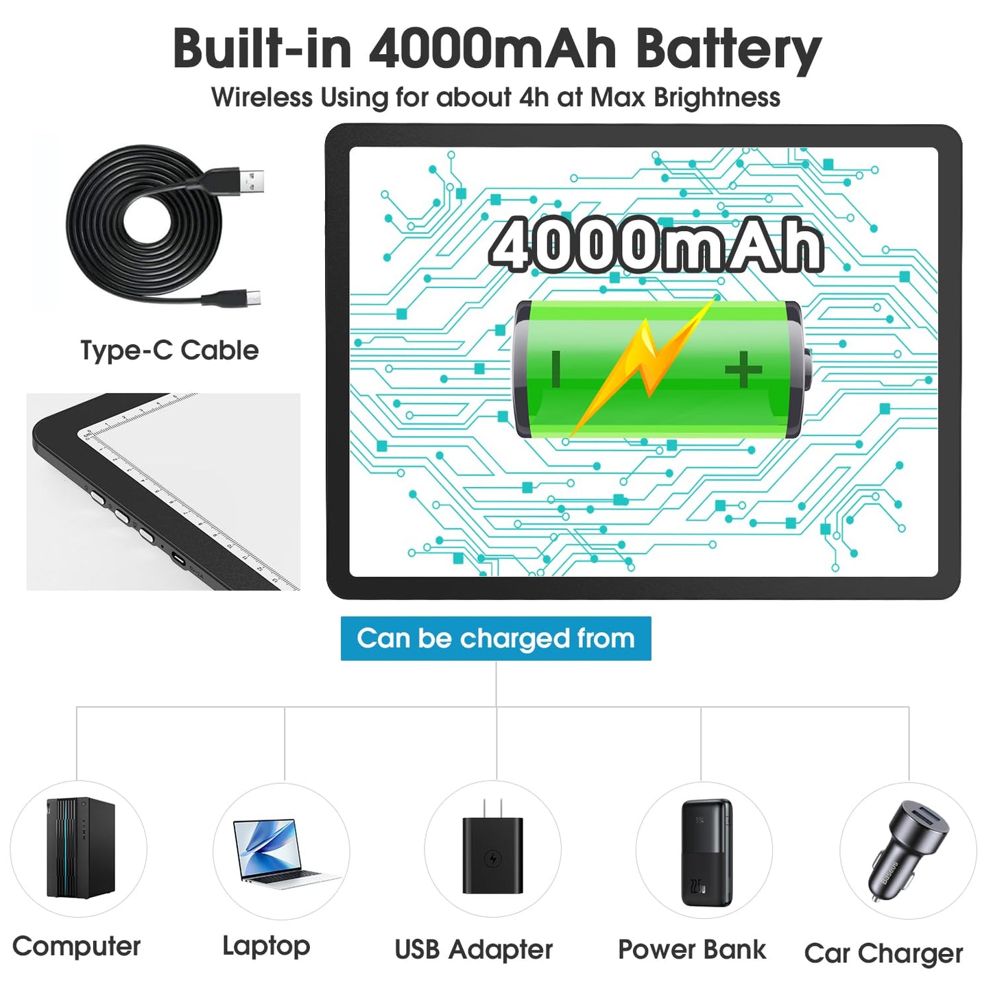 Rechargeable A3 Light Pad for Diamond Painting, High-Brightness Tracing Light Box with 6 Levels of Brightness, Side Physical Buttons & 3 Colors, Light Board for Diamond Art, Drawing, Sketching