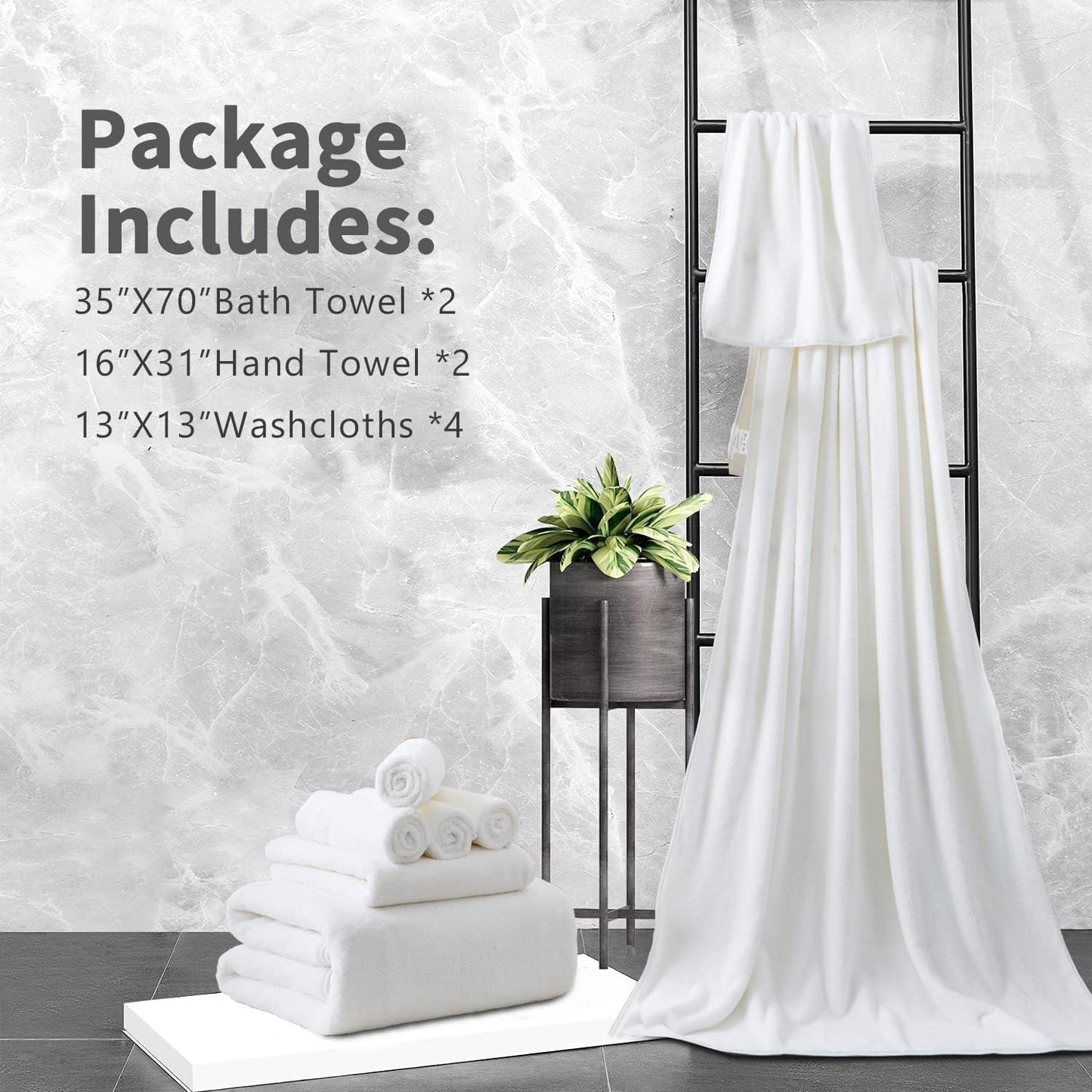 8 Set |2 Sheet,2 Towels,4 Set Piece Bathroom Towel White Oversized Large Bath Towels Hand Washcloths|Ultra Soft