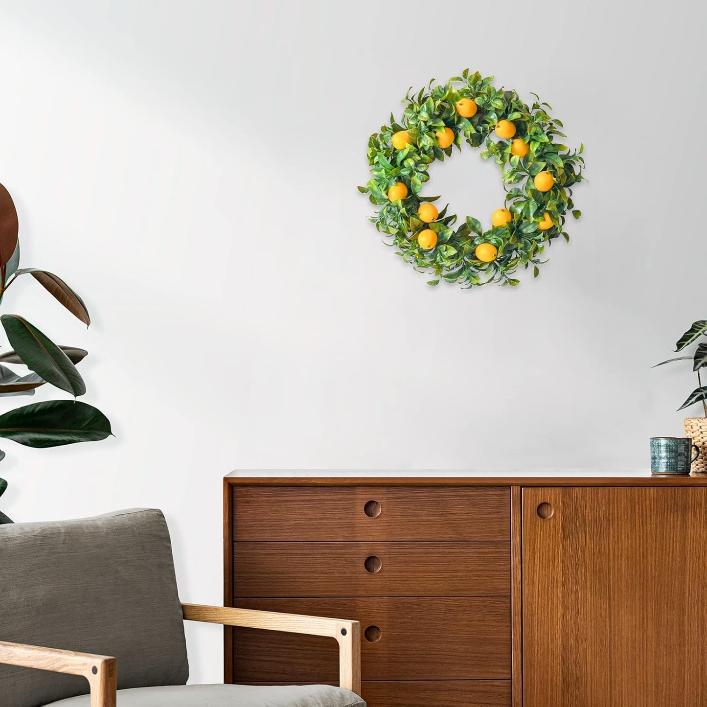 Mr. Bom 15 Inch Artificial Lemon Wreath - Boxwood for Front Door, Spring Summer Holiday Decoration, Indoor Outdoor Use