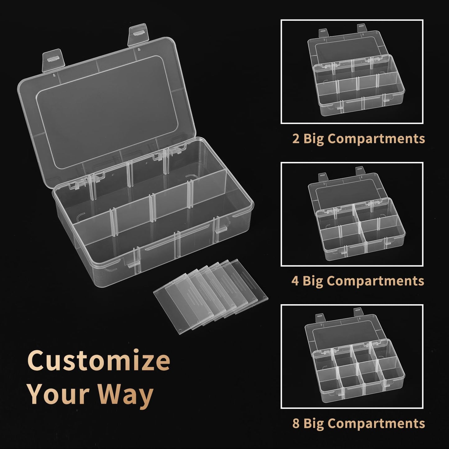 QUEFE 4 Pack 8 Grids Bead Organizers and Storage Tackle Box Organizer Plastic Organizer Box with Removable Dividers or Candies Snacks Electronics Jewelry Small Parts