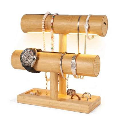 LED Bamboo Jewelry Organizer Stand - Bracelet Holder, Jewelry Organizers and Storage for Necklace, Watch, Earring, Ring - Built-in LED Light Natural Wooden Jewelry Display Stand for Dresser Decor