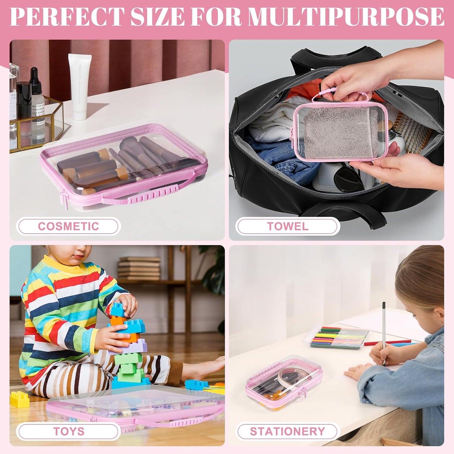 3 Pack Bag(3 Pink Extra Large Zippered Hard Shell Pouch,Clear Plastic Case,Hard Sided Case for Storage Bags,Portable