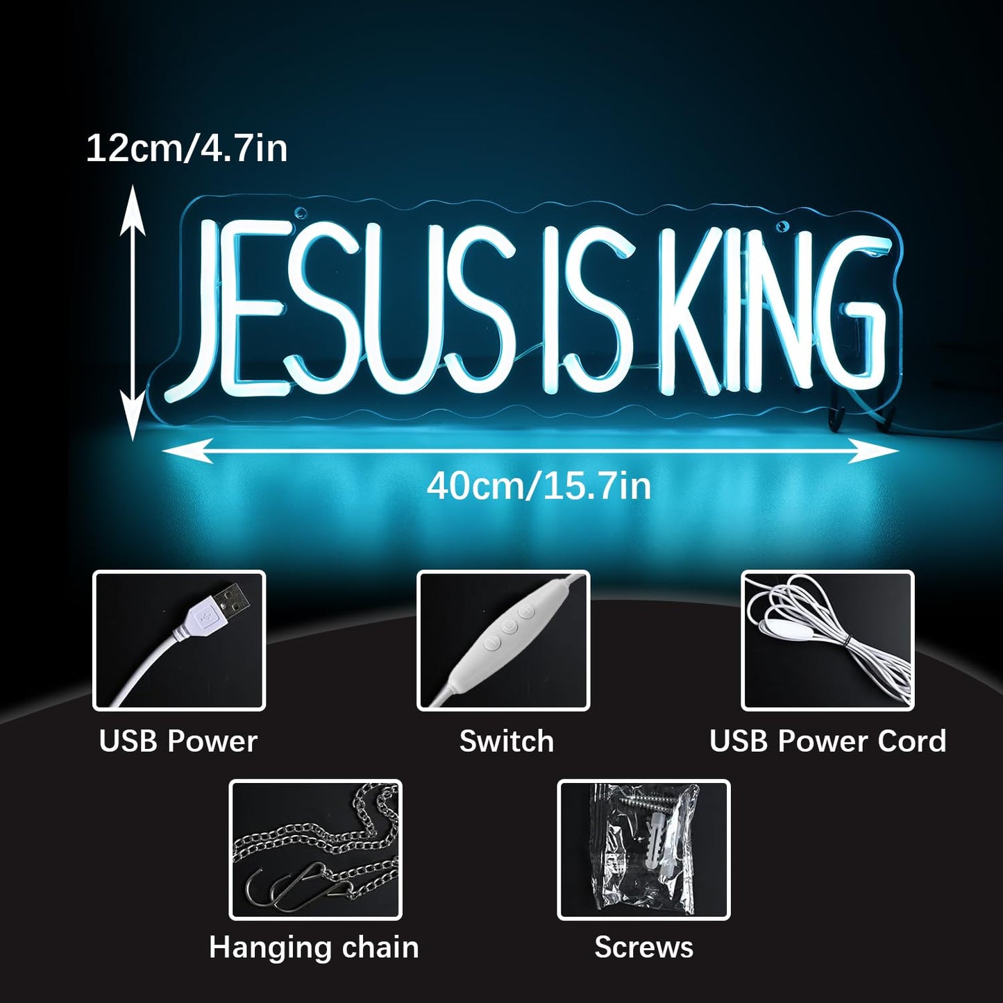 JESUS IS KING" Divine Glow Neon Sign - Scripture LED Wall Art with Adjustable Brightness (15.75"×4.7")