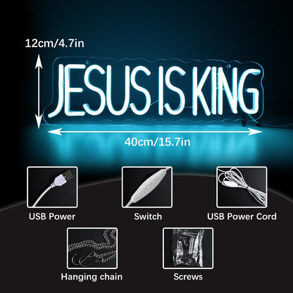 JESUS IS KING" Divine Glow Neon Sign - Scripture LED Wall Art with Adjustable Brightness (15.75"×4.7")