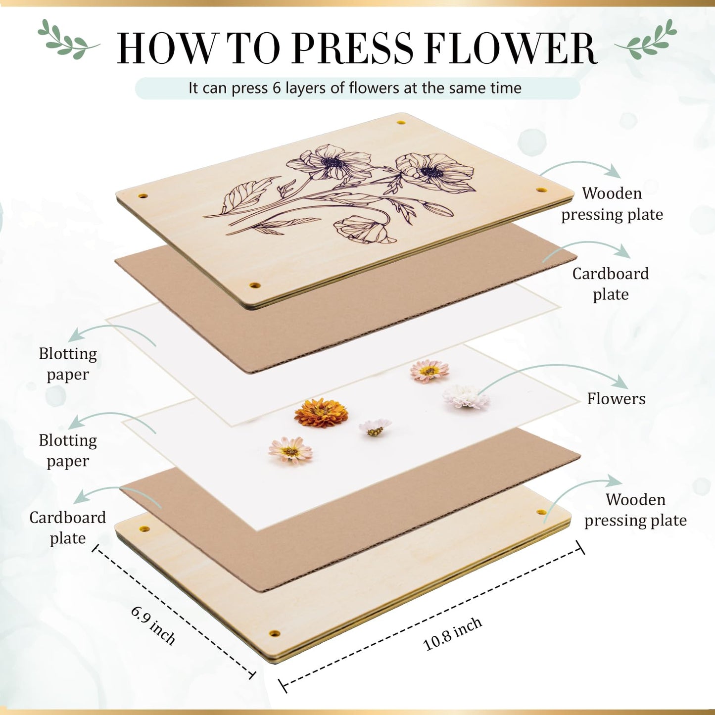 Aboofx Large Flower Press Kit for Adults,10.8"x6.9" 6 Layers Wooden Flower Pressing Kit for Pressed Flowers Herbs Leaf, DIY Flowers Preservation for Bookmark Wedding, Art & Craft Kits Gift for Adult