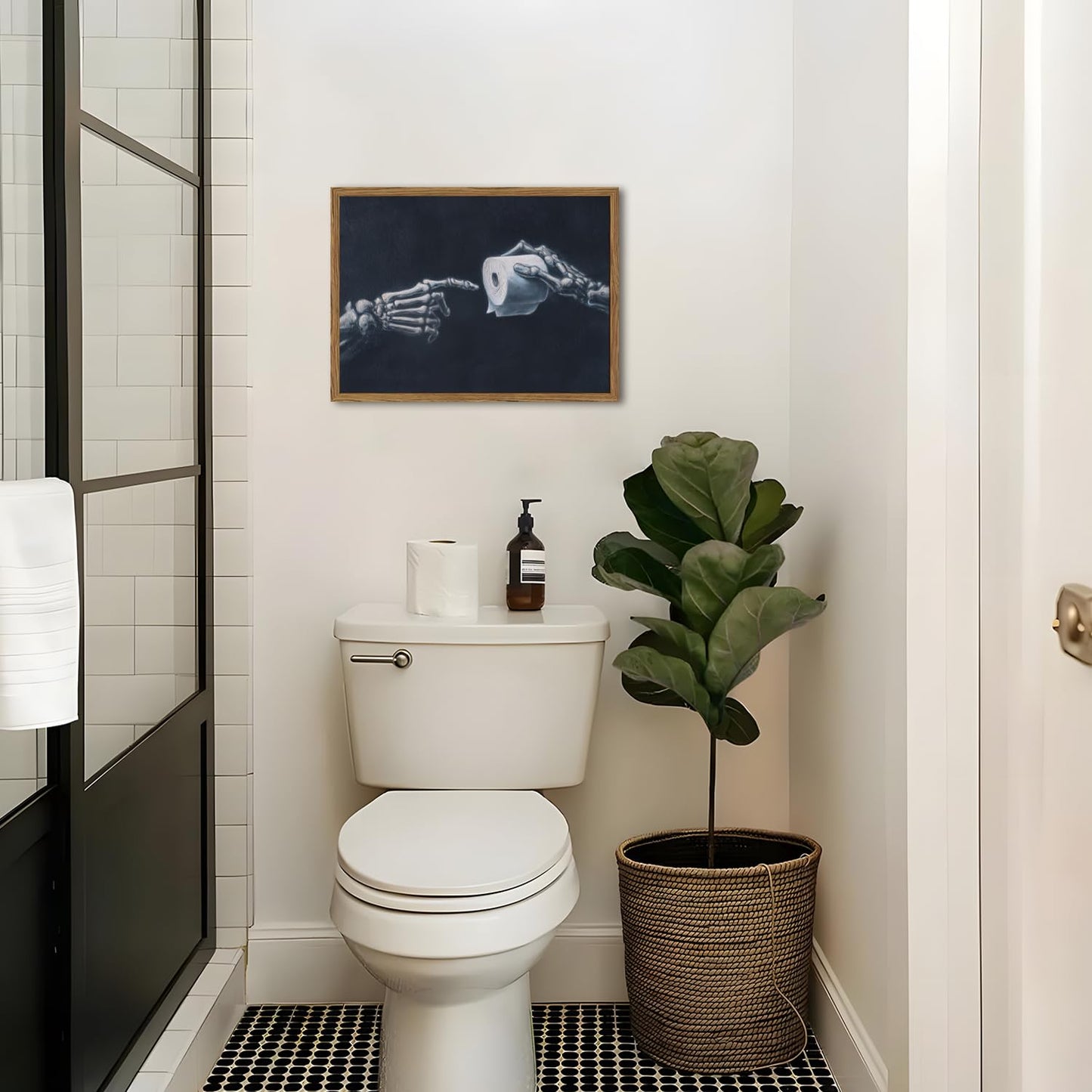 Funny Skeleton Bathroom Wall Art Gothic Skull Hand and Toilet Paper Bathroom Wall Decor Picture, Dark Academia Restroom Poster Canvas Print Painting 12x16 inch Wood Framed
