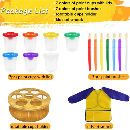 Paint Cups with Lids for Kids, 7pcs Spill Proof Painting Cups with Rotating Holder Toddler Paints Brushes No Spill Paint Cups with Kids Art Smock Paint Containers Art Supplies for Classrooms