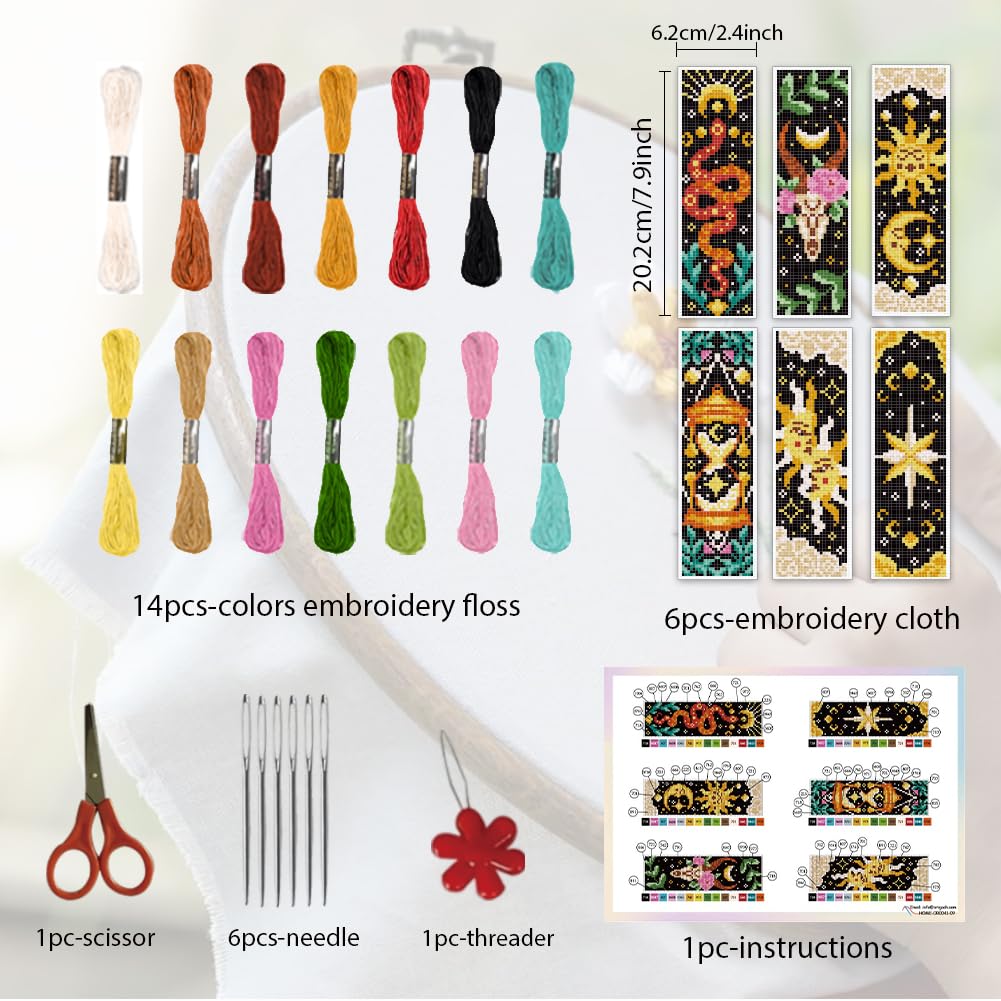 ORIGACH 6 Pcs Cross Stitch Bookmark Kit for Beginner Adults, Tarot The Sun and Star Stamped Embroidery Bookmark Kit with Instruction for Starters Printed Cross Stitch DIY Kits for Book Lovers