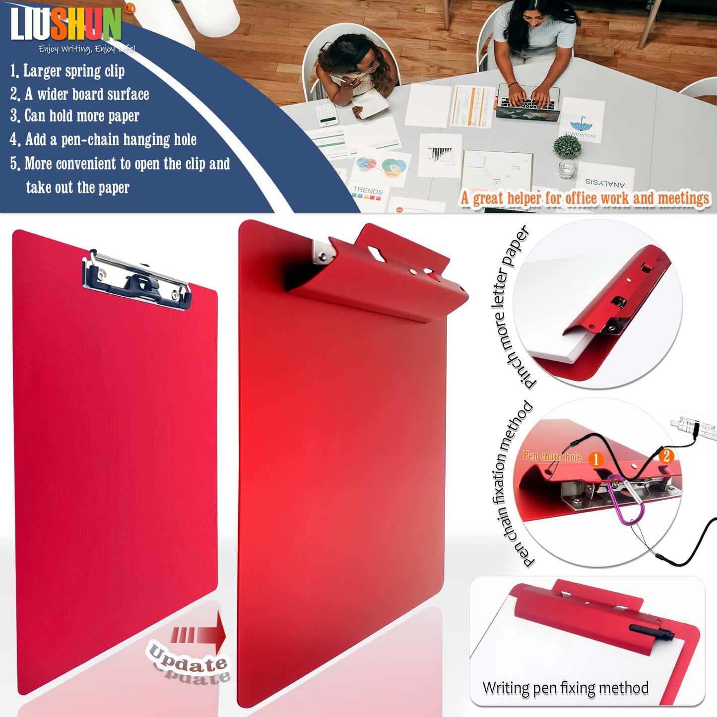 Aluminum Metal Clipboard Flat Heavy Duty Hangable Spring Clip Board with Pen Chain Hole Letter Size A4 9.25" x 12.6" for School Office Business Medical Professionals Workshop Factory (Red, A4)