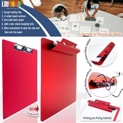 Aluminum Metal Clipboard Flat Heavy Duty Hangable Spring Clip Board with Pen Chain Hole Letter Size A4 9.25" x 12.6" for School Office Business Medical Professionals Workshop Factory (Red, A4)