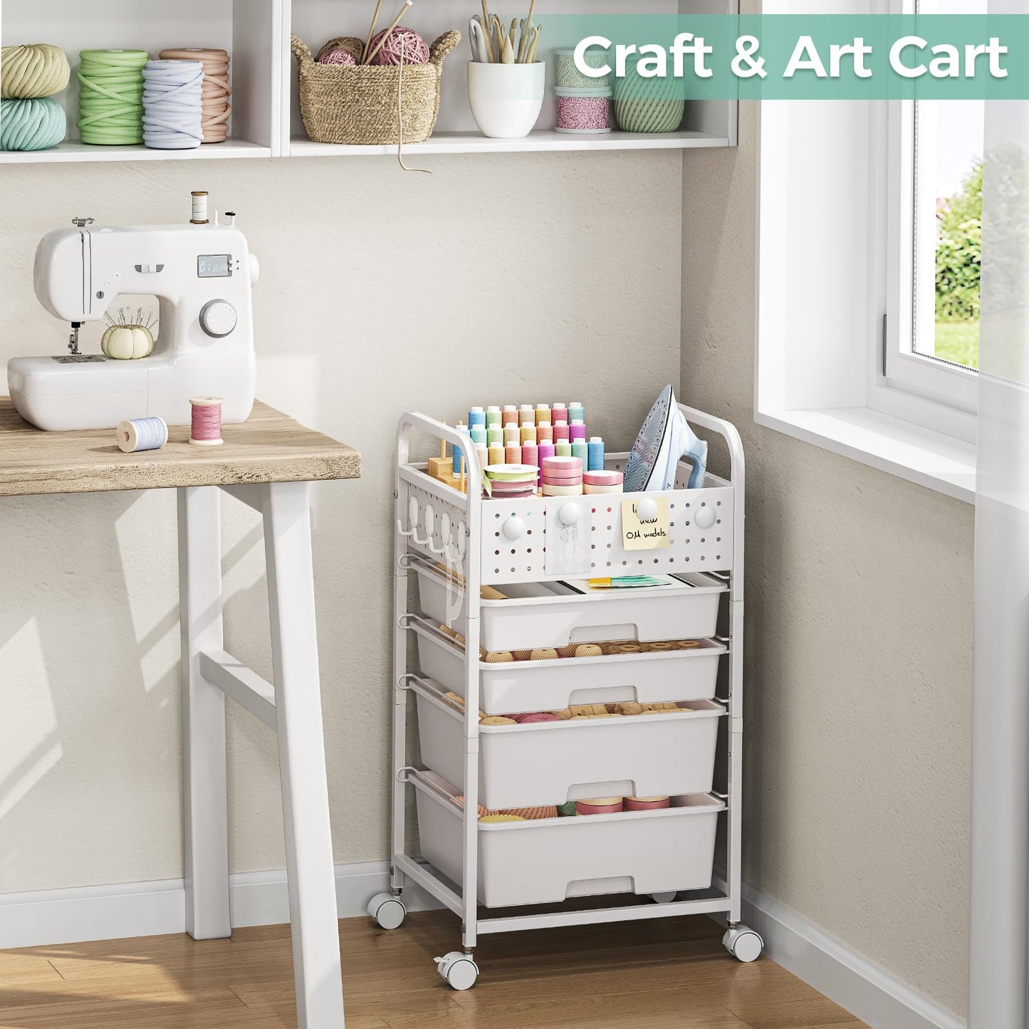 SYKIARIOL 4 Drawer Rolling Storage Cart with Pegboard Top and Hooks, Mobile Organizer Cart with Wheels for Office Supplies, Craft Storage, Classroom Organization, Home Utility Cart, White