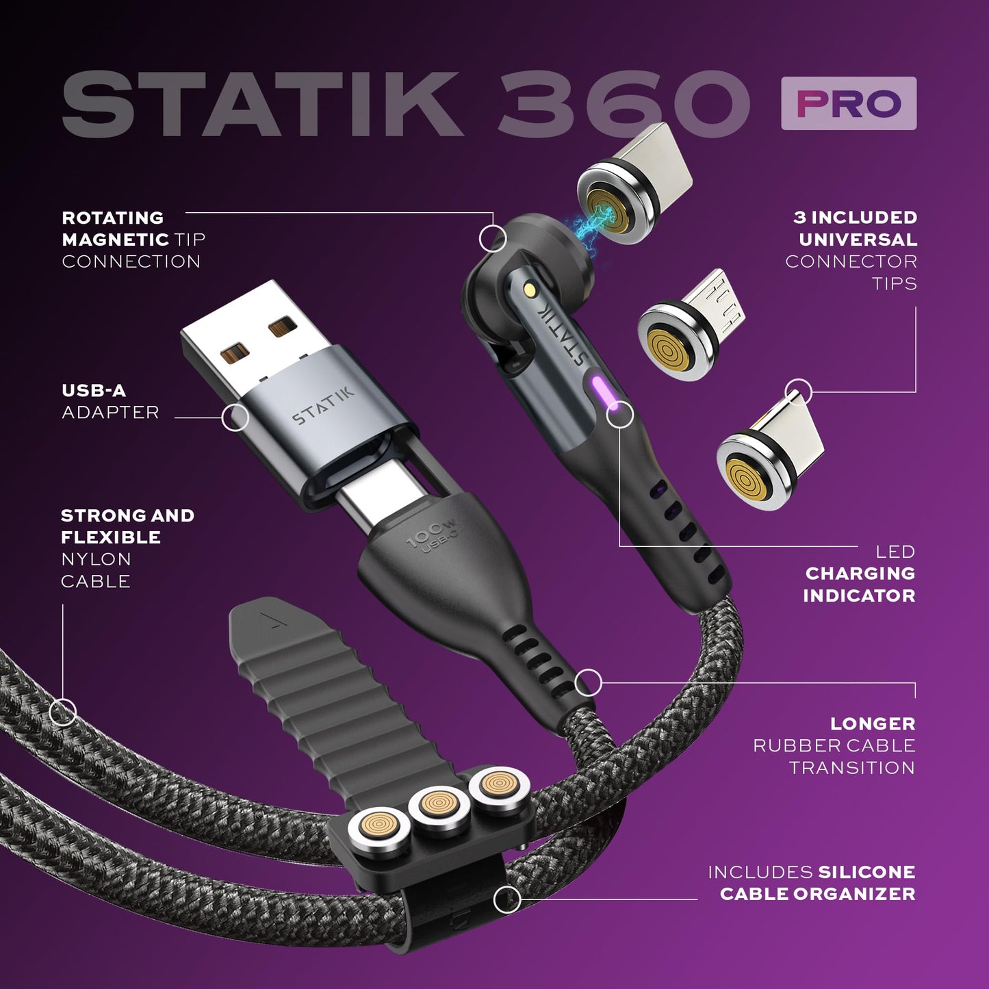 Statik 360 Pro Magnetic Charging Cable - Type C Charger Fast Charging 3 in 1 USB C to USB C Cable, Micro USB & iProduct Tips, USB A Adapter, Fits All Devices - 100W Fast Charger, Black 10FT/3M